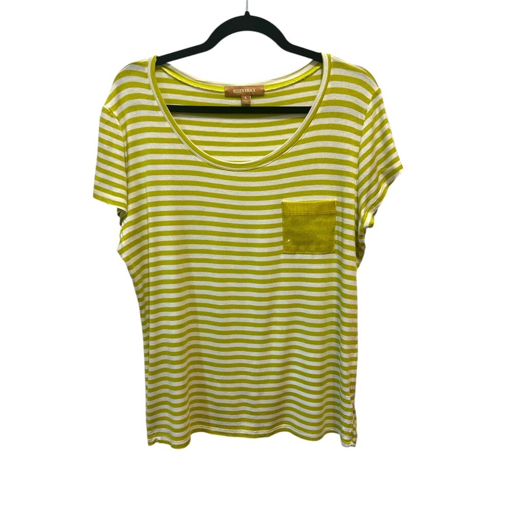 Ellen Tracy Light Lime Green White Stripe Sequin Pocket Top Large Made in USA